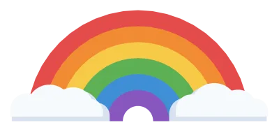 An arched rainbow in six colours with a small white cloud at each end.