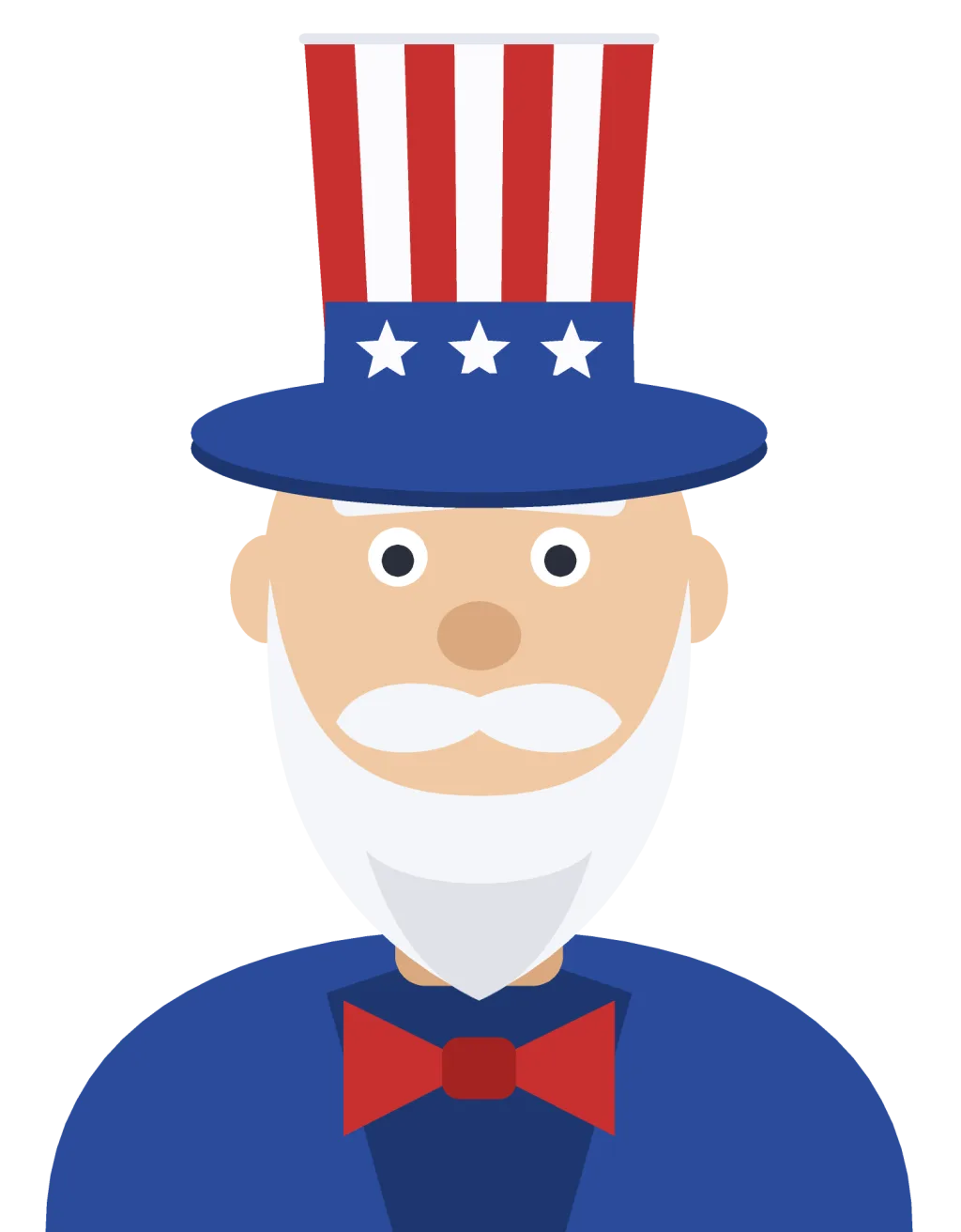 A cartoon Uncle Sam with a white beard, striped top hat, blue jacket and red bow tie, shown from the shoulders up.