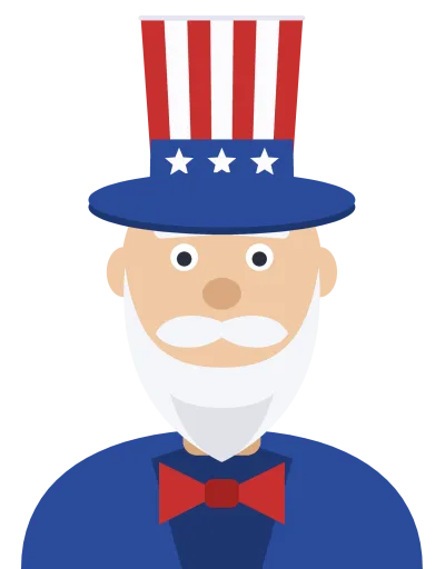 A cartoon Uncle Sam with a white beard, striped top hat, blue jacket and red bow tie, shown from the shoulders up.