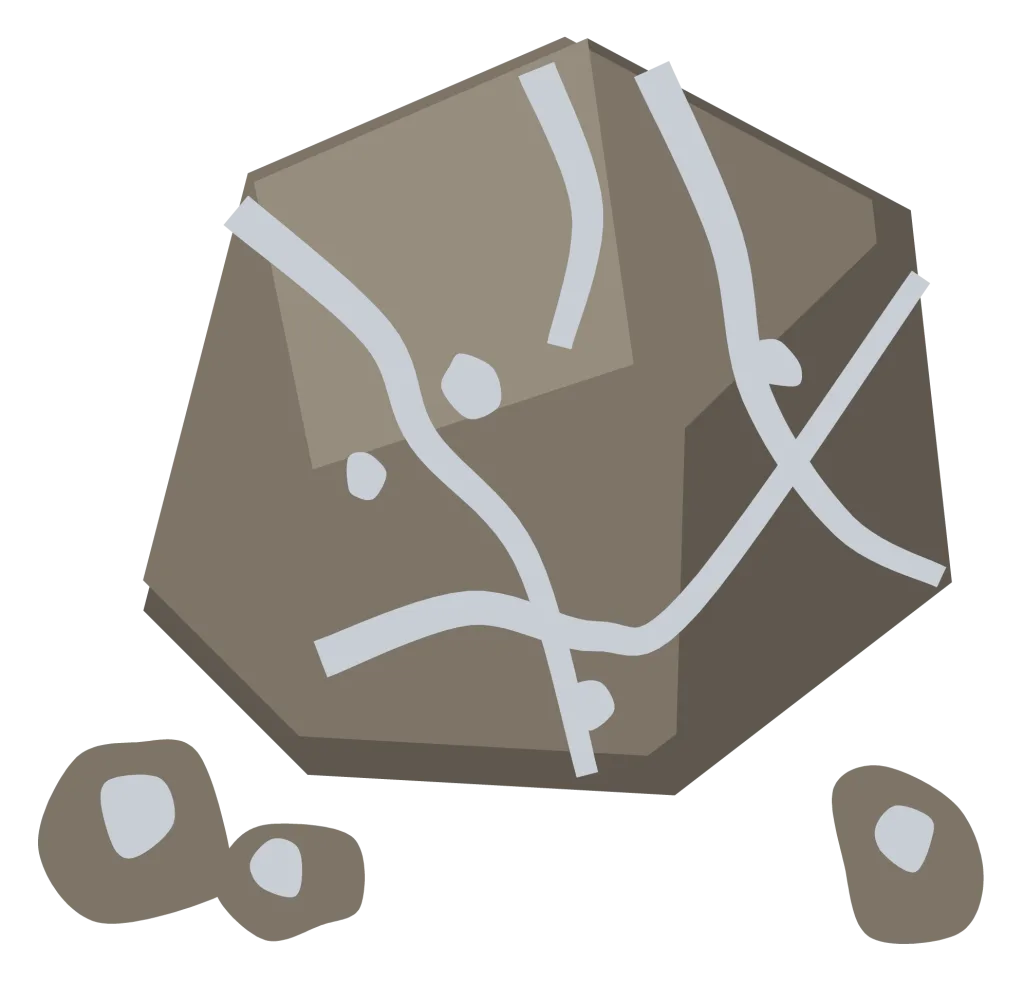 A broken lump of rock with bright silver veins running through the fractured faces.