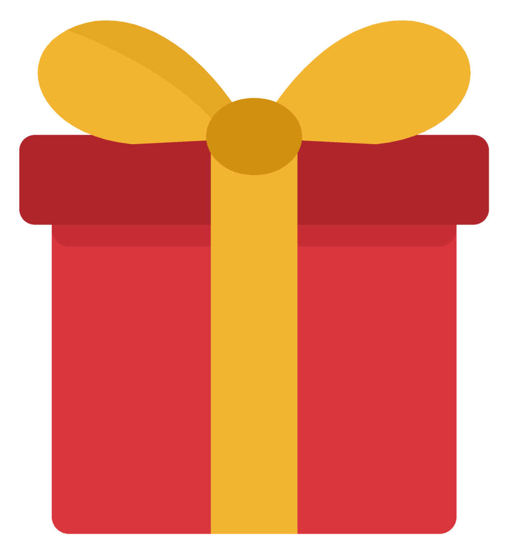 A red wrapped gift box with a gold ribbon crossing the lid and a large gold bow on top.