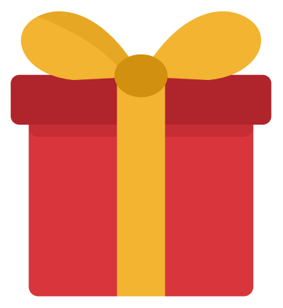 A red wrapped gift box with a gold ribbon crossing the lid and a large gold bow on top.