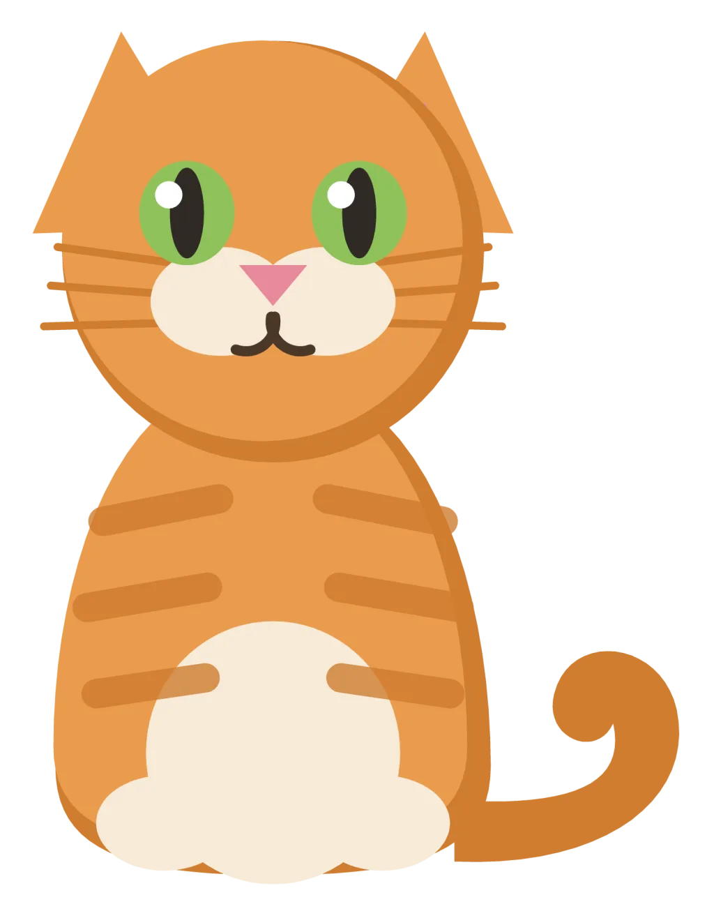 A ginger tabby cat sitting upright with darker stripes, green eyes and its tail curled around its feet.