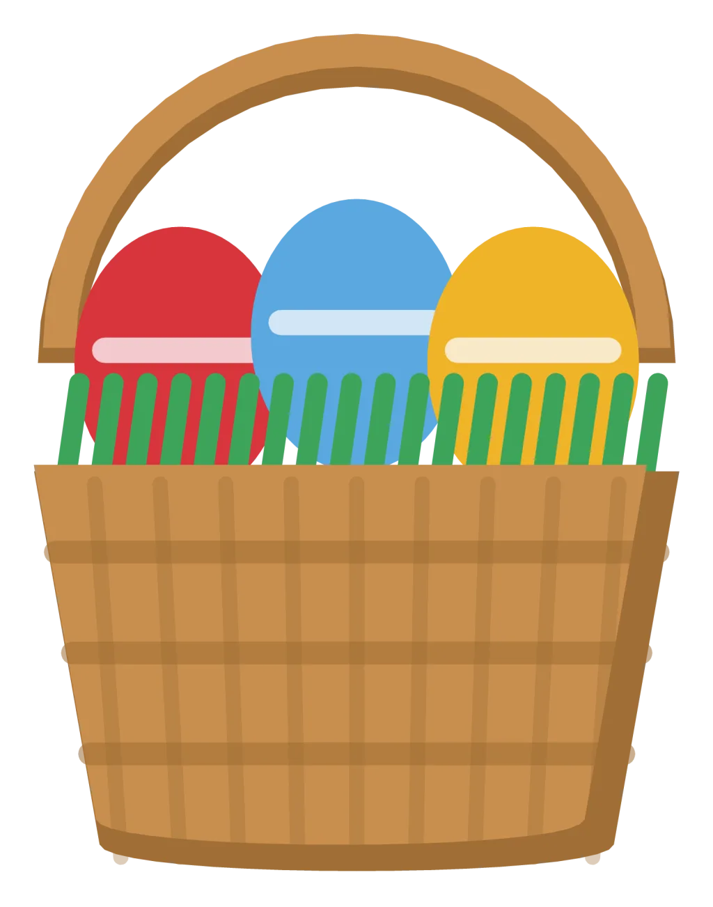 A woven basket with a handle, filled with coloured Easter eggs and green grass.
