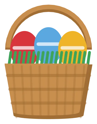 A woven basket with a handle, filled with coloured Easter eggs and green grass.
