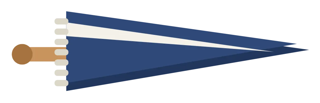 A long navy felt pennant on a wooden stick, with a white stripe and a blank field for a team name.