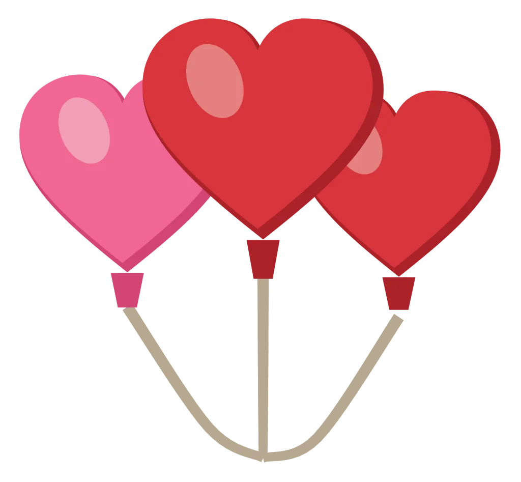 Three heart-shaped balloons in red and pink with curling strings tied together.