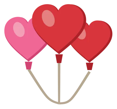 Three heart-shaped balloons in red and pink with curling strings tied together.