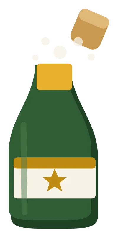 A dark green champagne bottle with gold foil, the cork popping out in a spray of bubbles.