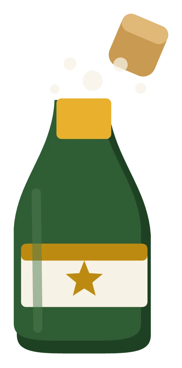 A dark green champagne bottle with gold foil, the cork popping out in a spray of bubbles.