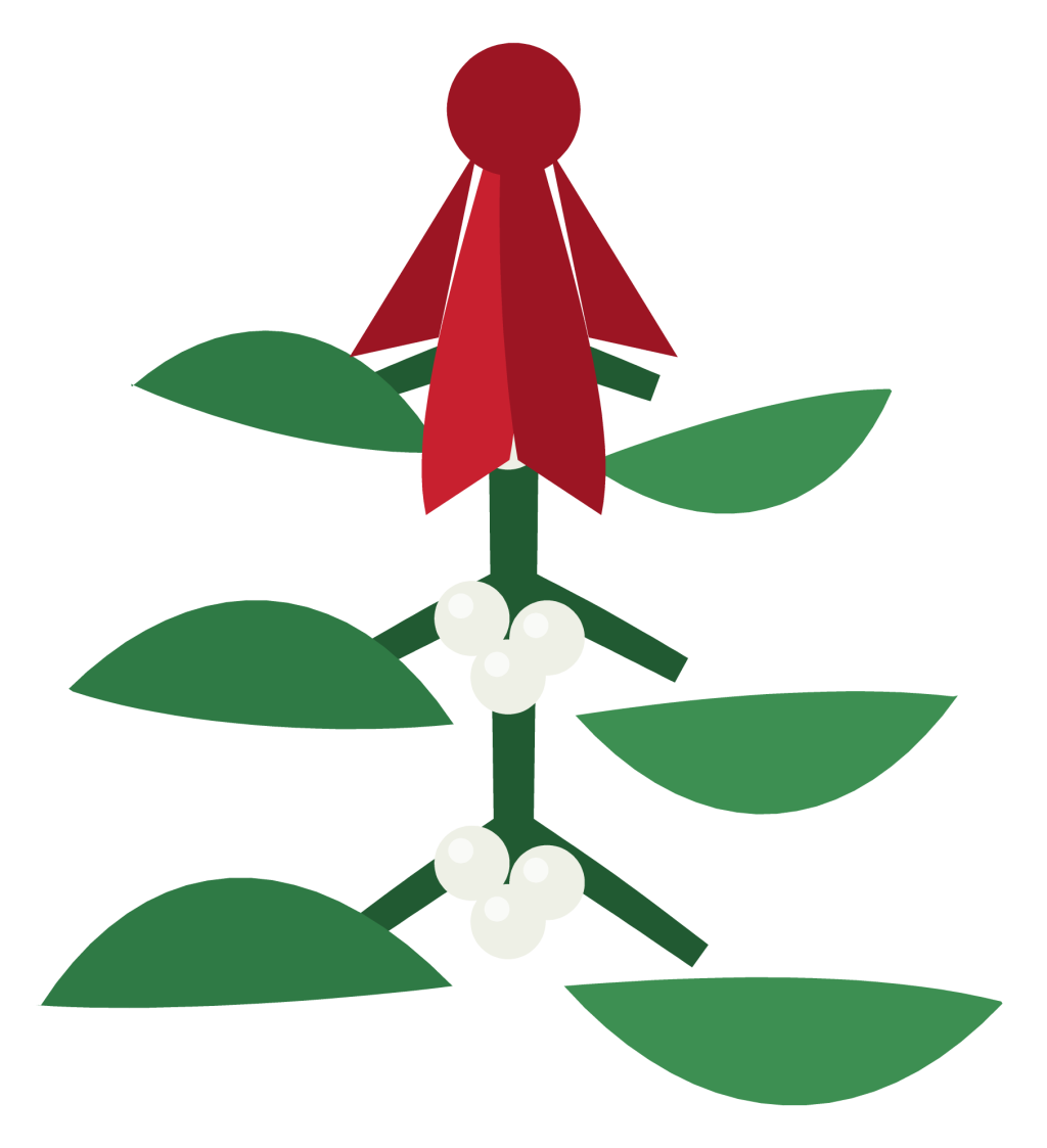 A sprig of mistletoe with paired green leaves, white berries and a red ribbon bow.