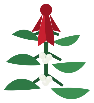 A sprig of mistletoe with paired green leaves, white berries and a red ribbon bow.