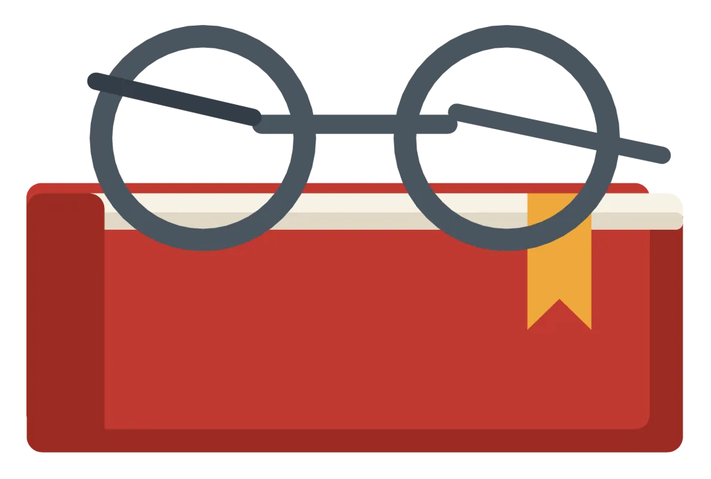 A pair of reading glasses folded on top of a closed book with a ribbon marker.