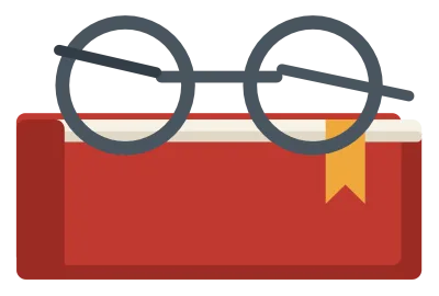 A pair of reading glasses folded on top of a closed book with a ribbon marker.
