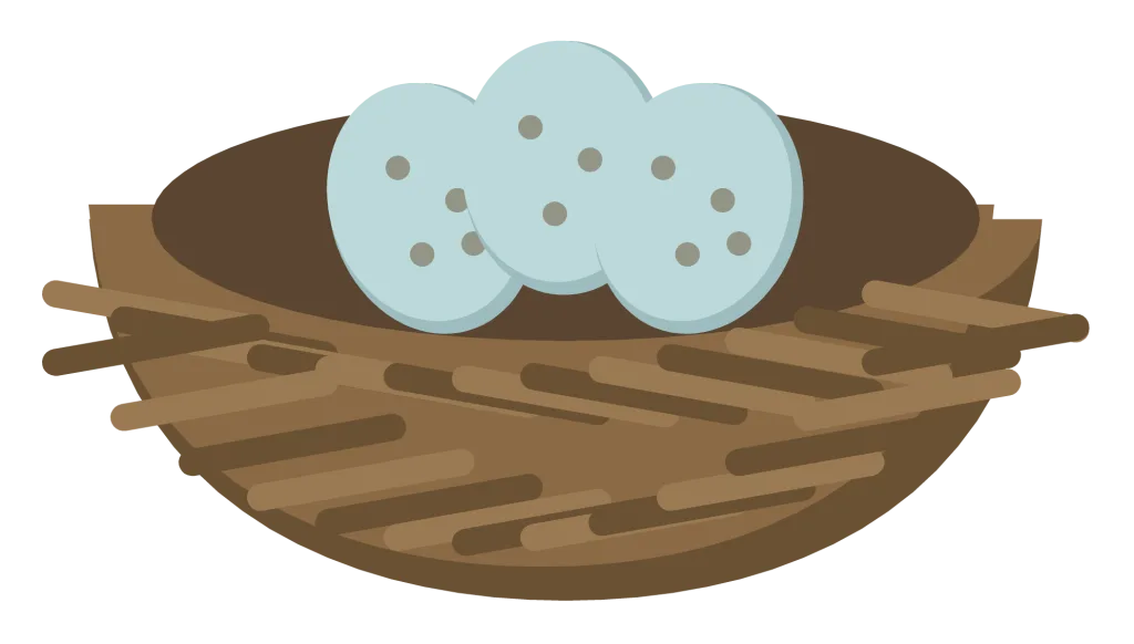 A woven twig nest holding three pale blue speckled eggs.