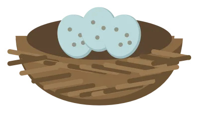 A woven twig nest holding three pale blue speckled eggs.