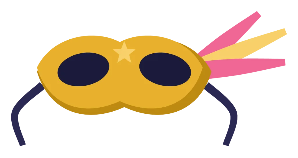 A gold masquerade mask with feathers at one side and a ribbon tie.