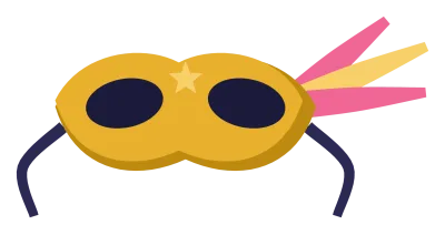 A gold masquerade mask with feathers at one side and a ribbon tie.
