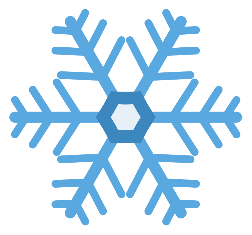 A six-armed blue snowflake with branching arms and a small hexagonal centre.