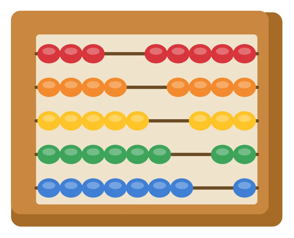 A wooden abacus with five rods of coloured beads in a rectangular frame.