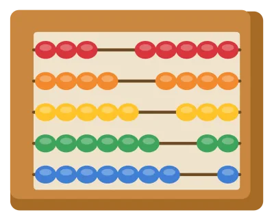 A wooden abacus with five rods of coloured beads in a rectangular frame.