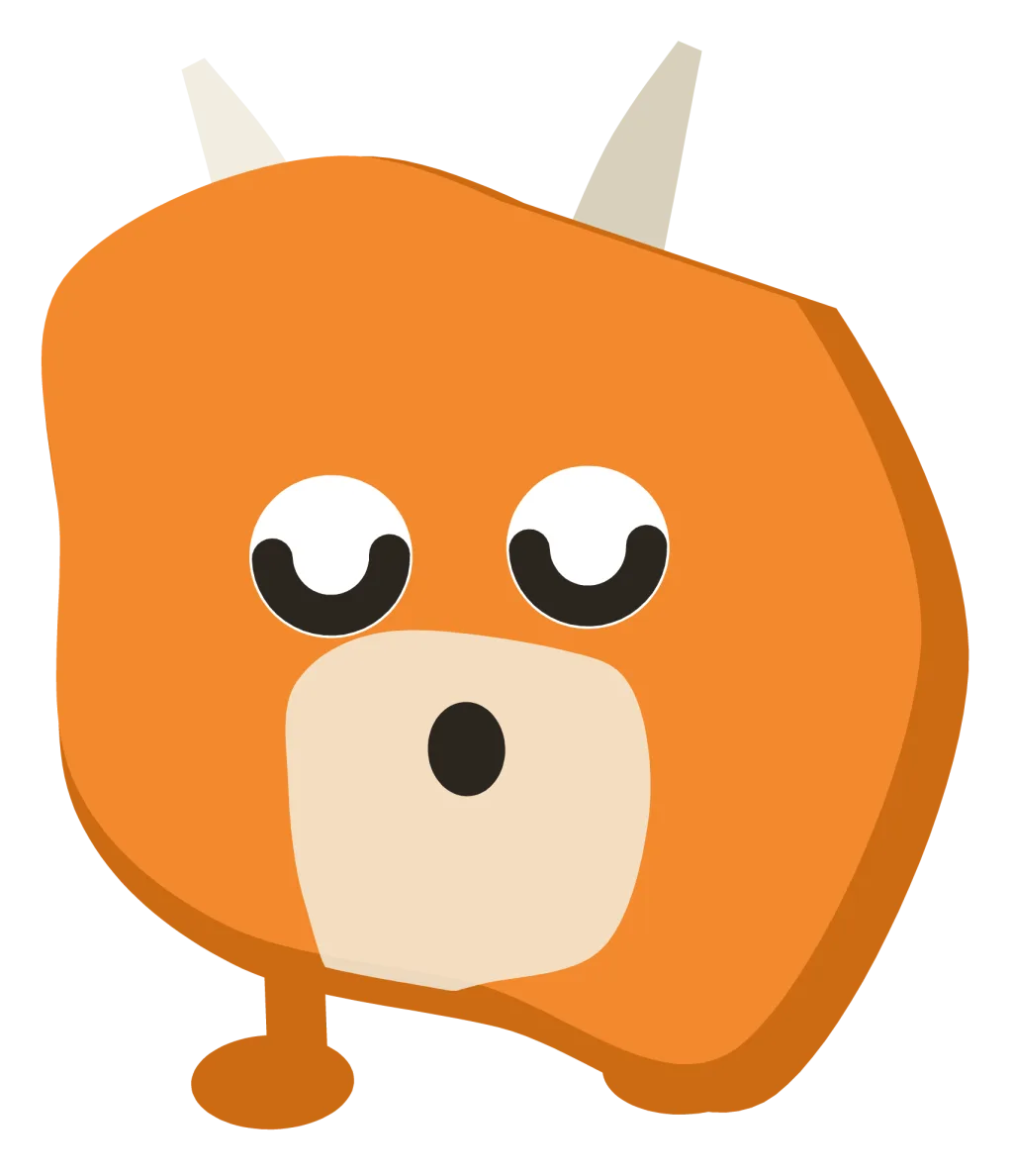 An orange Snip with both eyes shut, two pale horns and a soft pale belly, dozing on its feet.