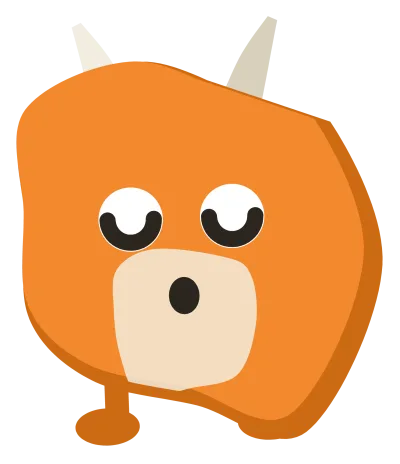 An orange Snip with both eyes shut, two pale horns and a soft pale belly, dozing on its feet.