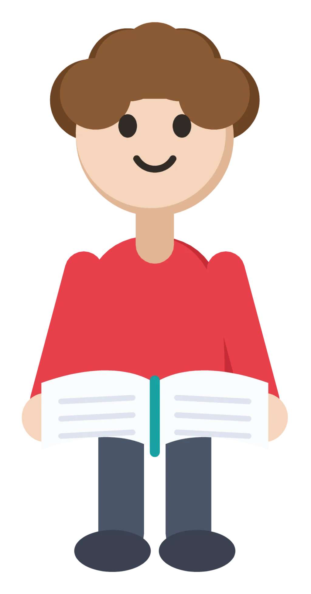 A teacher standing and holding an open book in front of them.