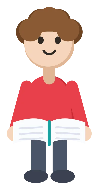 A teacher standing and holding an open book in front of them.