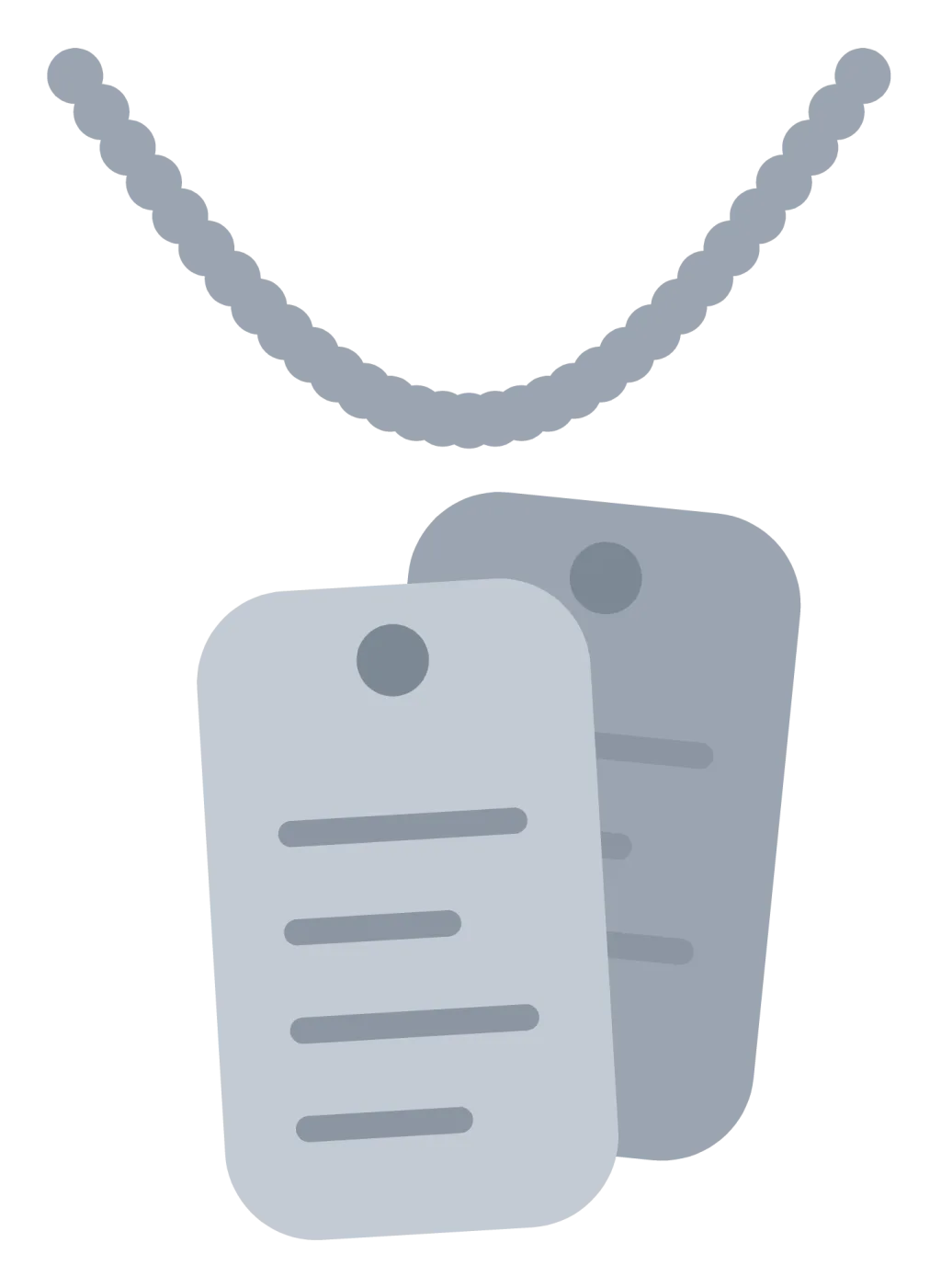 Two military dog tags on a beaded chain, one behind the other with an embossed line.