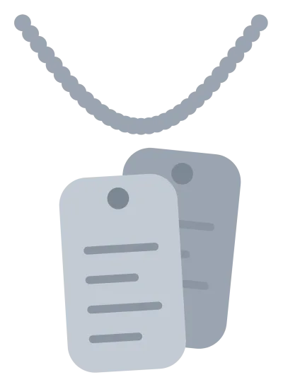 Two military dog tags on a beaded chain, one behind the other with an embossed line.