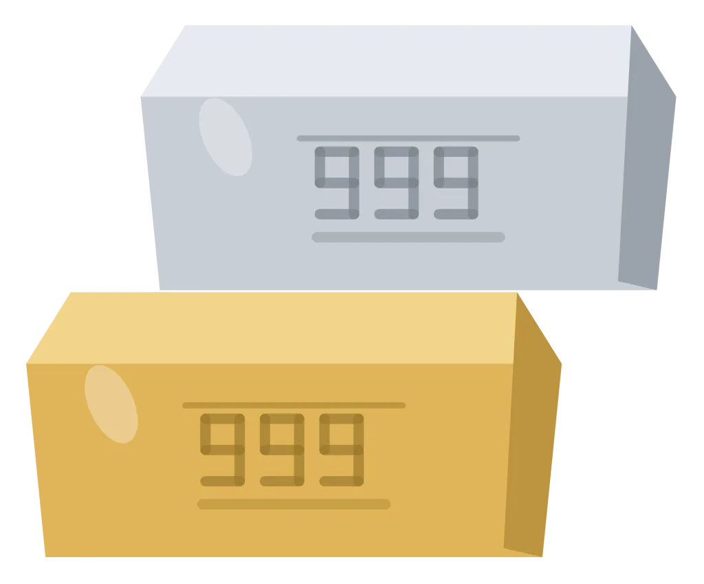 A gold bullion bar and a silver one side by side, the gold one slightly in front.