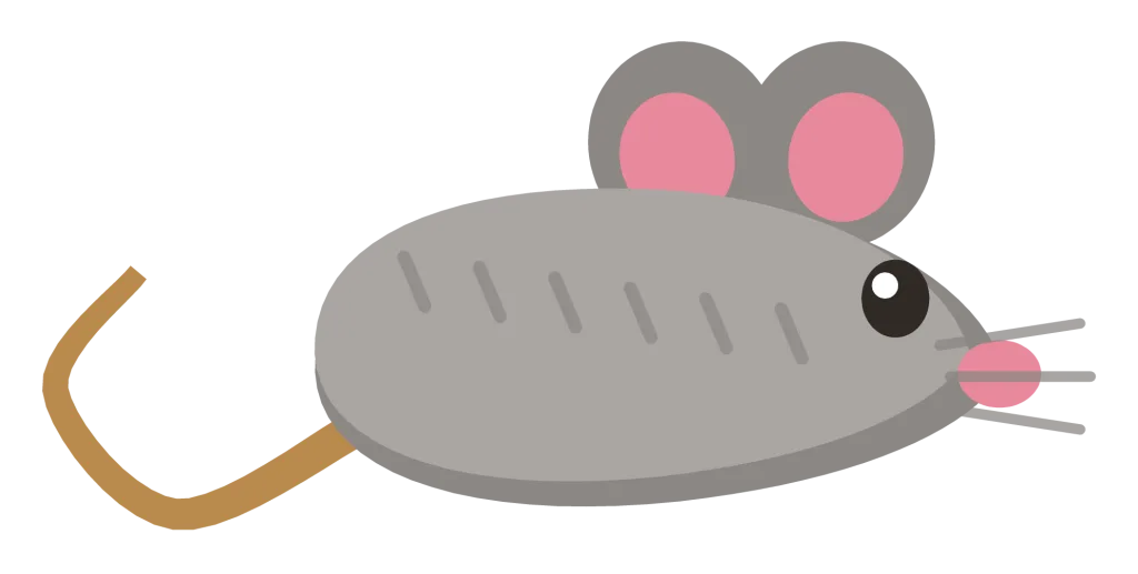 A grey toy mouse with oversized pink ears, a stitched nose and a curling string tail.