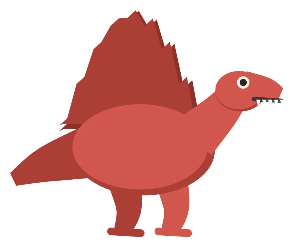 A red spinosaurus in side view, with a tall sail down its back and a long narrow crocodile-like snout.