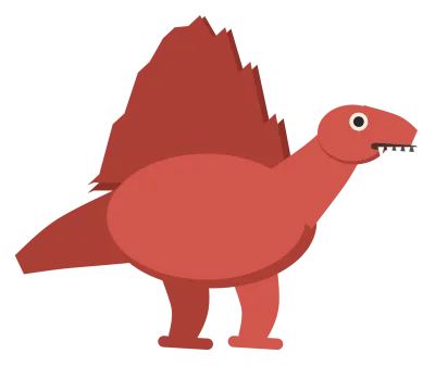 A red spinosaurus in side view, with a tall sail down its back and a long narrow crocodile-like snout.