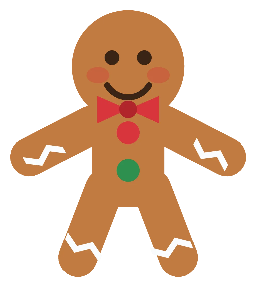 A smiling gingerbread man with white icing trim, two red buttons and a red bow tie.