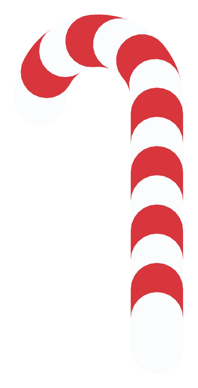 A hooked candy cane with red and white stripes running around the curve.