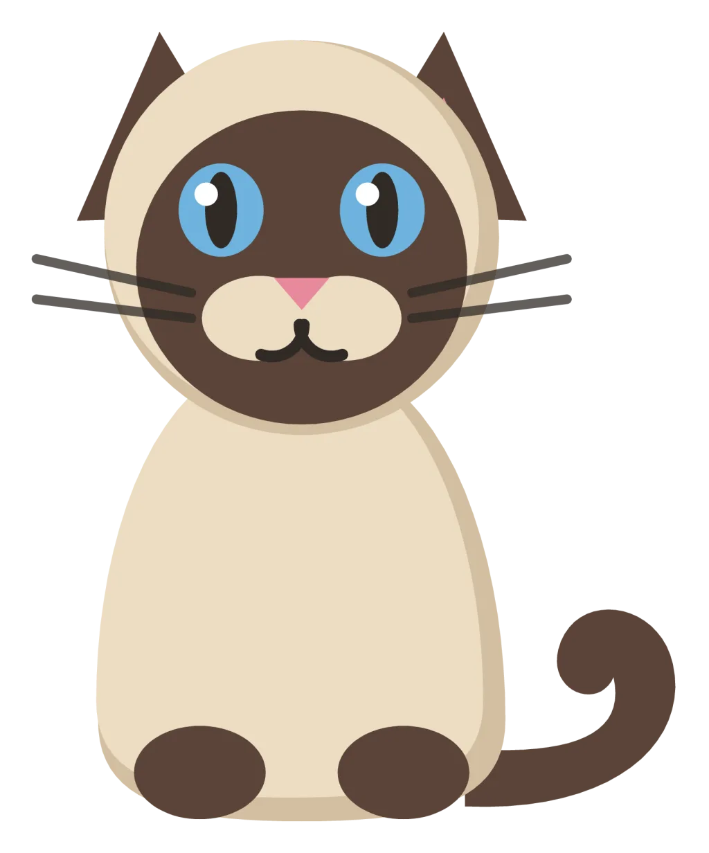 A cream siamese cat sitting upright, with a dark face mask, dark ears, paws and tail, and blue eyes.
