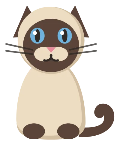 A cream siamese cat sitting upright, with a dark face mask, dark ears, paws and tail, and blue eyes.