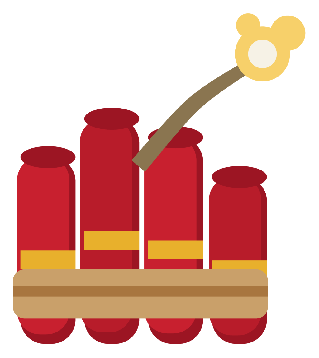 A bundle of red firecrackers tied together with a single lit fuse and a spark.