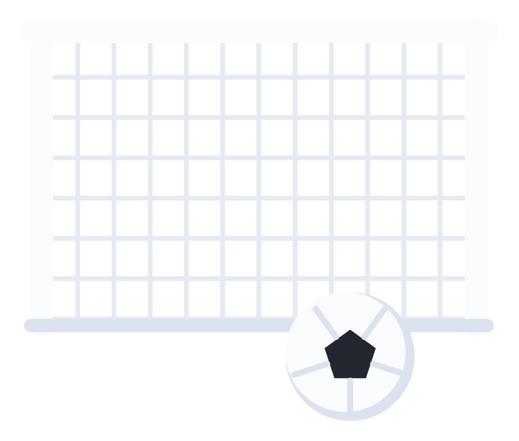 A white soccer goal seen from the front with a net, and a ball resting in front of it.