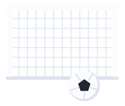 A white soccer goal seen from the front with a net, and a ball resting in front of it.