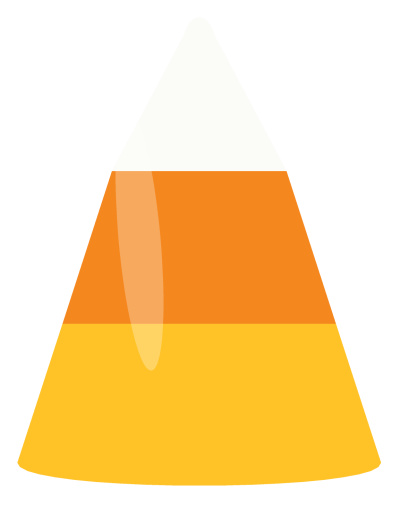 A single piece of candy corn with the classic three bands: a white tip, an orange middle and a yellow base.