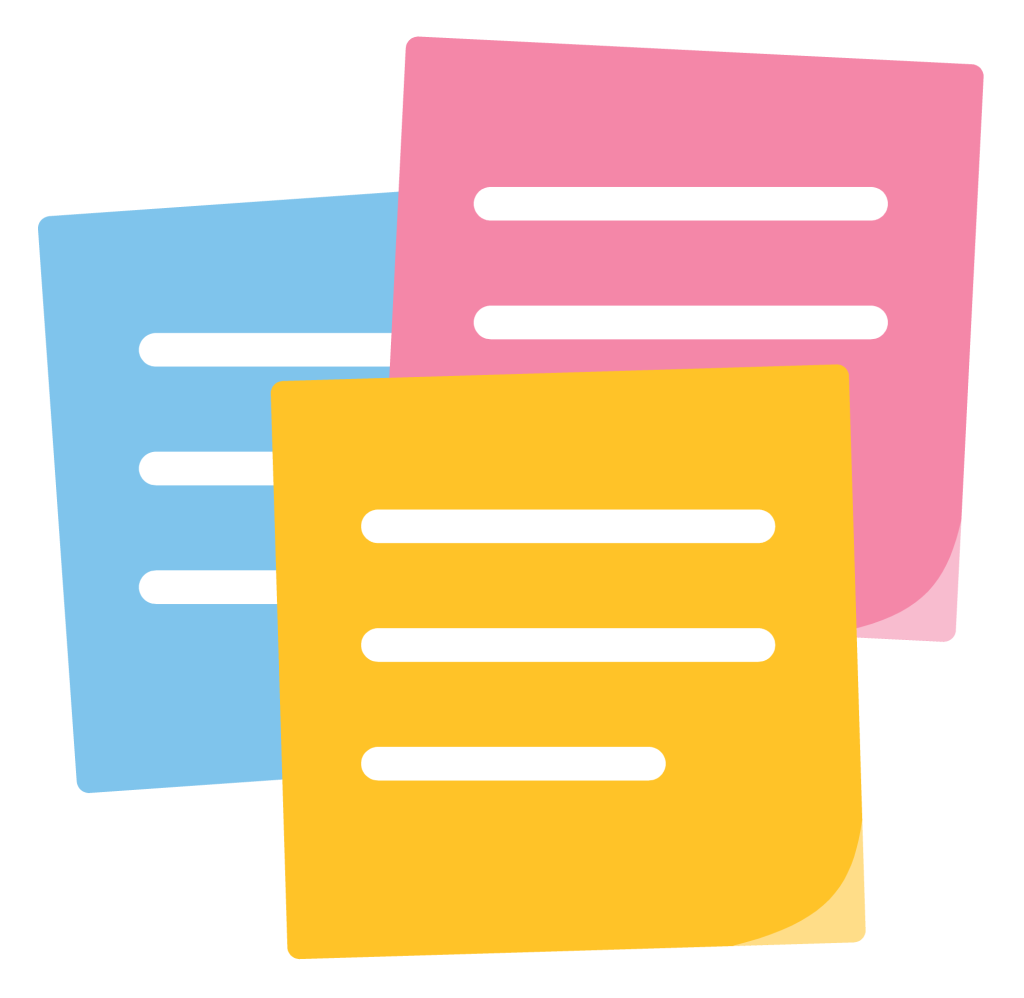 Three square sticky notes in yellow, pink and blue, overlapping with one corner curled.
