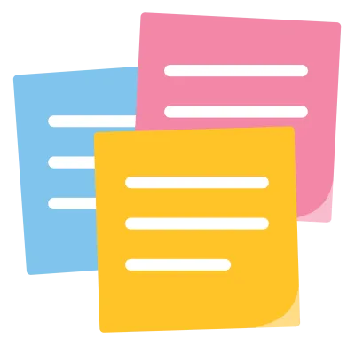 Three square sticky notes in yellow, pink and blue, overlapping with one corner curled.