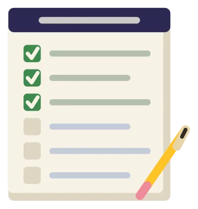 A notepad of new year resolutions with ruled lines, three ticked boxes and a pencil.