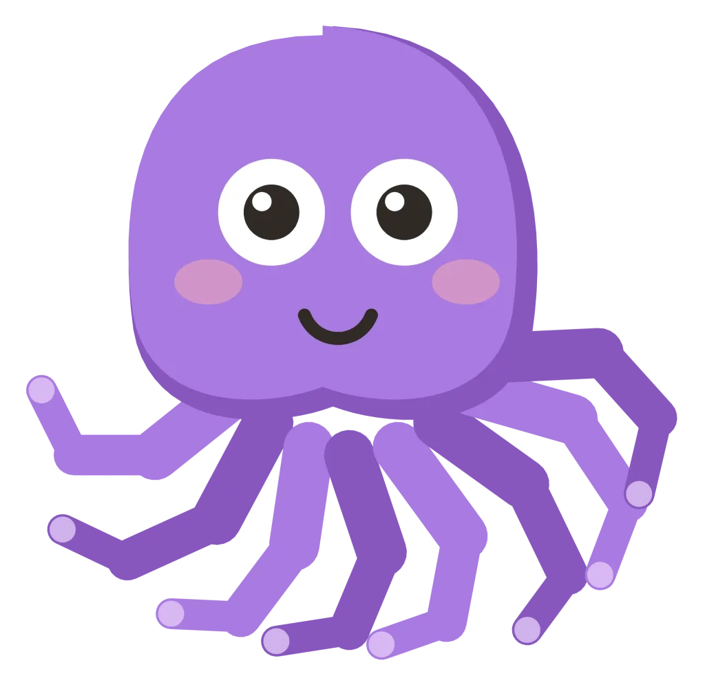 A purple cartoon octopus with a domed head, eight curling tentacles and round eyes.