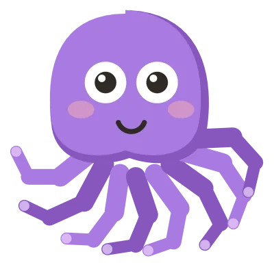 A purple cartoon octopus with a domed head, eight curling tentacles and round eyes.