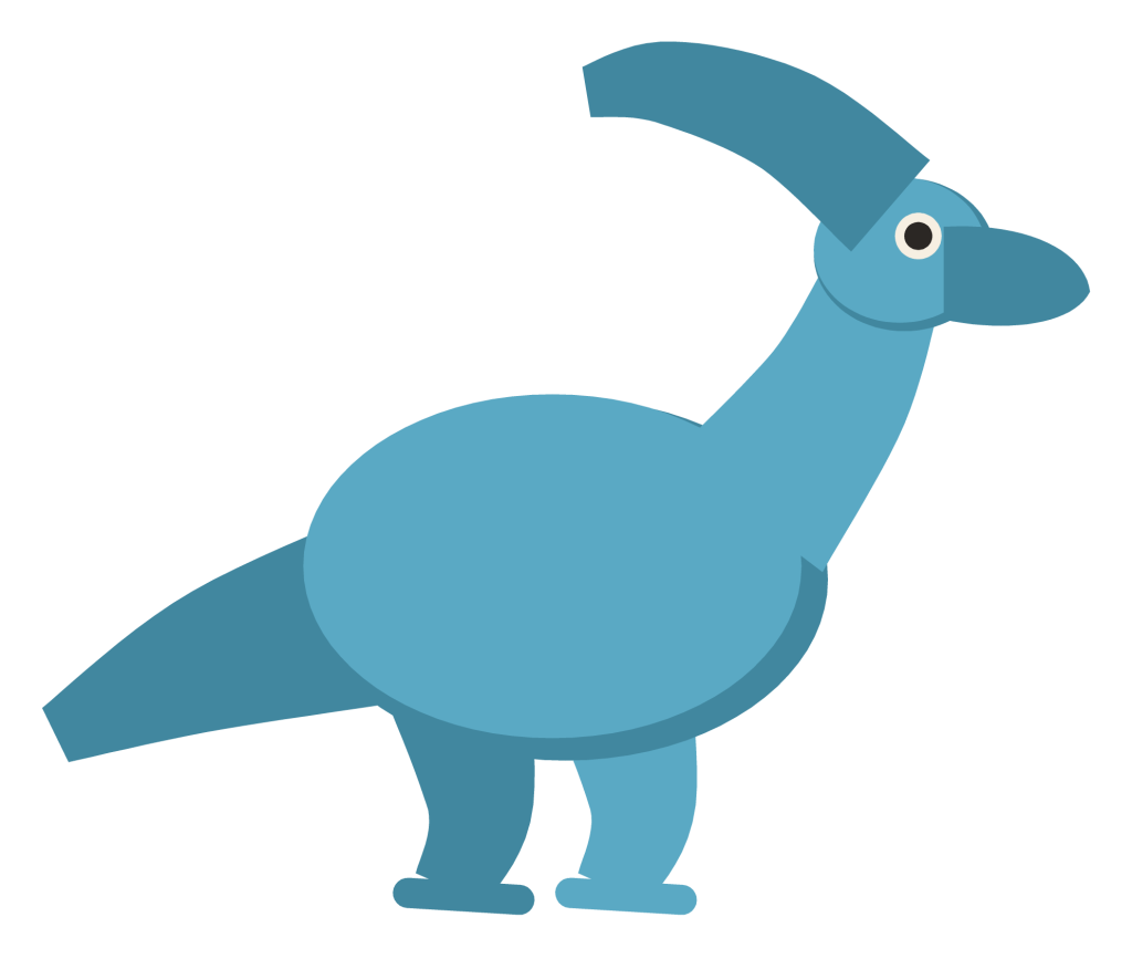 A blue parasaurolophus in side view, with a long tube-shaped crest sweeping back from its head and a duck-like bill.