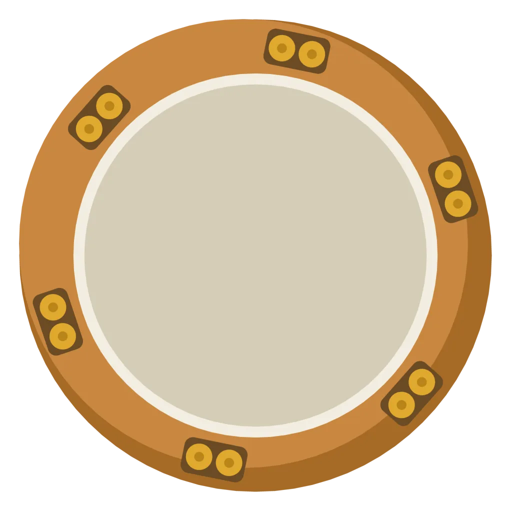 A wooden tambourine with pairs of metal jingles set into slots around the rim.
